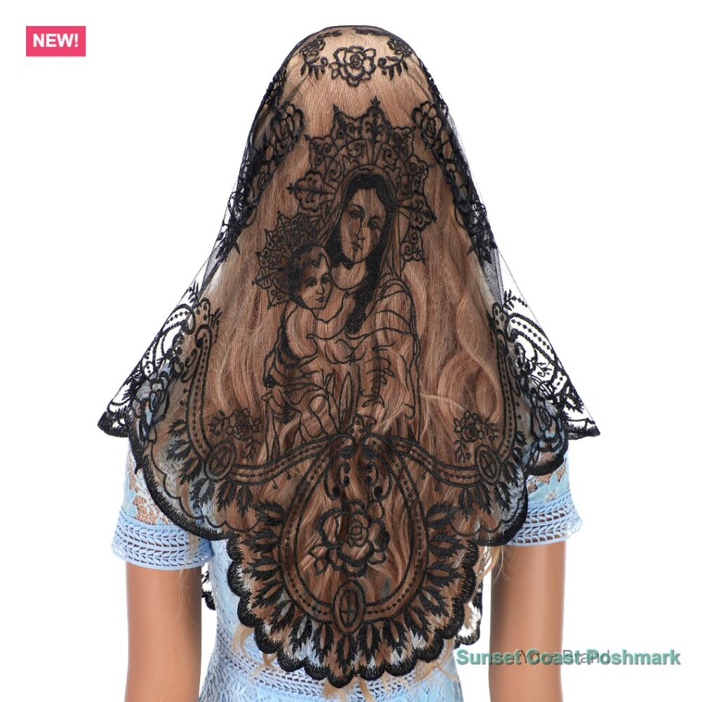 Catholic Lace Mantilla Veil - Marian Apparitions Embroidery Church Mass Scarf